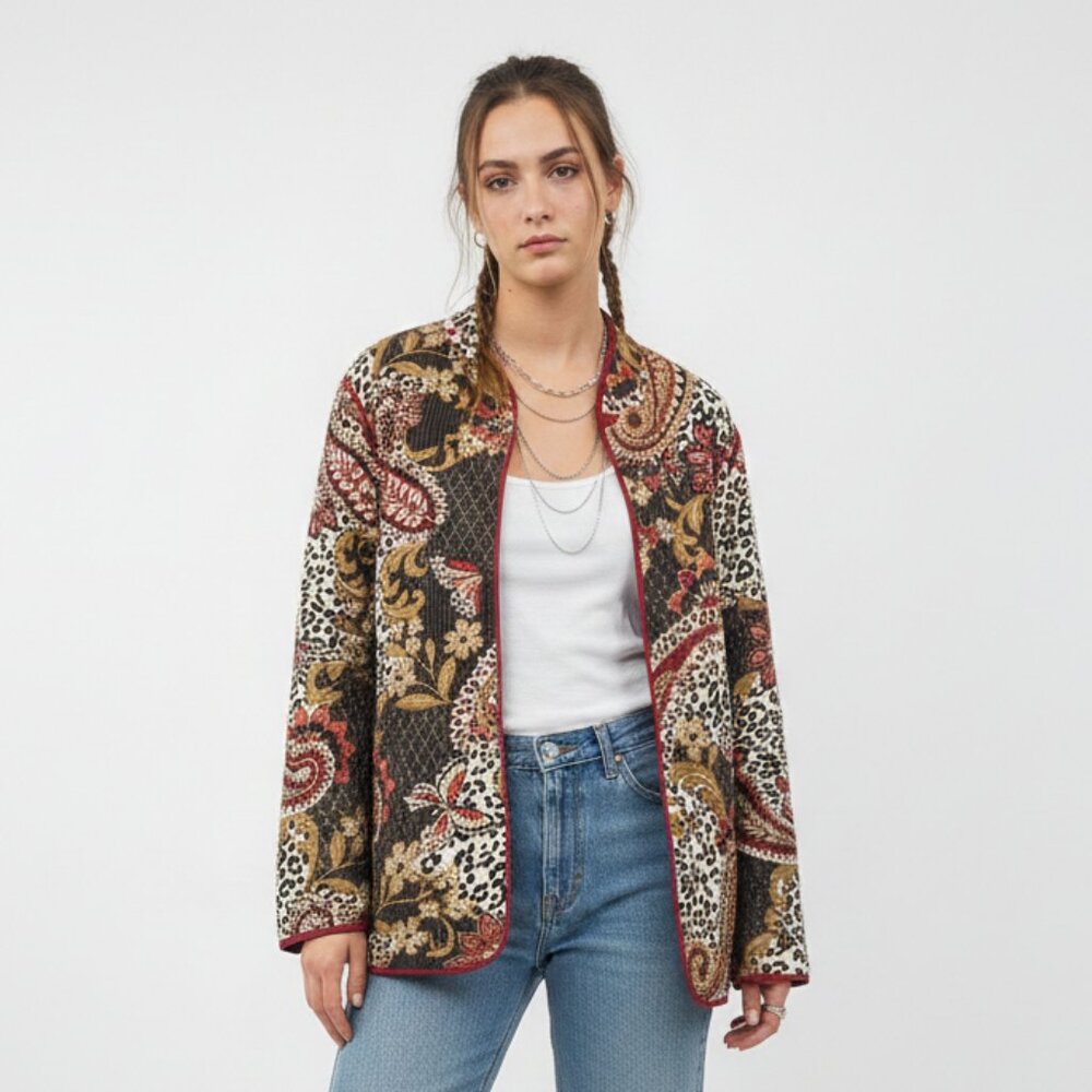 Alfred Dunner Jacket Quilted Open Boho Paisley Floral Cottage Indie Brown 2X